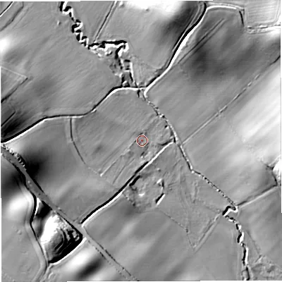 Shaded relief map of the ground around HR81PD, computed from Environment Agency LiDAR. The ground here sits at about 56 m above sea level and falls 34 m across the surrounding 800 m. Surface water reaching this point runs off ground lying to the west, 26.3 m higher.