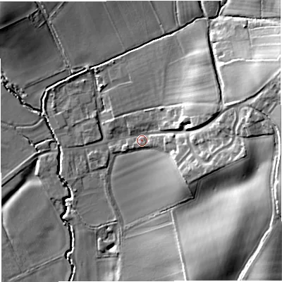 Shaded relief map of the ground around HR81PR, computed from Environment Agency LiDAR. The ground here sits at about 69 m above sea level and falls 21 m across the surrounding 800 m. Surface water reaching this point runs off ground lying to the east-north-east, 17.1 m higher.