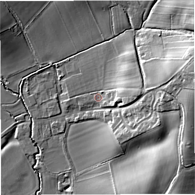 Shaded relief map of the ground around HR81PT, computed from Environment Agency LiDAR. The ground here sits at about 69 m above sea level and falls 22 m across the surrounding 800 m. Surface water reaching this point runs off ground lying to the east, 9.4 m higher.