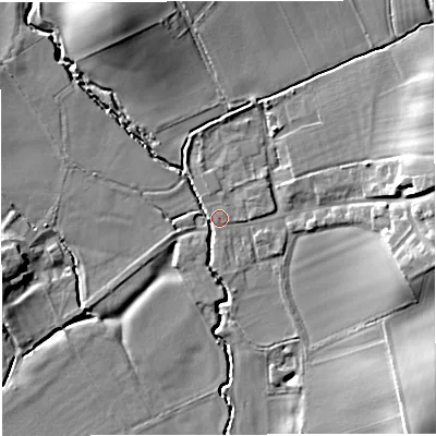 Shaded relief map of the ground around HR81PU, computed from Environment Agency LiDAR. The ground here sits at about 68 m above sea level and falls 15 m across the surrounding 800 m. Surface water reaching this point runs off ground lying to the north-north-west, 12.3 m higher.
