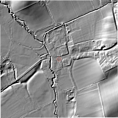 Shaded relief map of the ground around HR81PX, computed from Environment Agency LiDAR. The ground here sits at about 67 m above sea level and falls 15 m across the surrounding 800 m. Surface water reaching this point runs off ground lying to the east-north-east, 11.9 m higher.