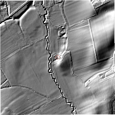 Shaded relief map of the ground around HR81PY, computed from Environment Agency LiDAR. The ground here sits at about 65 m above sea level and falls 18 m across the surrounding 800 m. Surface water reaching this point runs off ground lying to the east, 3.6 m higher.