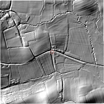 Shaded relief map of the ground around HR81QR, computed from Environment Agency LiDAR. The ground here sits at about 77 m above sea level and falls 21 m across the surrounding 800 m. Surface water reaching this point runs off ground lying to the west, 9.1 m higher.