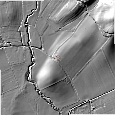 Shaded relief map of the ground around HR81QS, computed from Environment Agency LiDAR. The ground here sits at about 76 m above sea level and falls 35 m across the surrounding 800 m. Surface water reaching this point runs off ground lying to the east-north-east, 1.3 m higher.