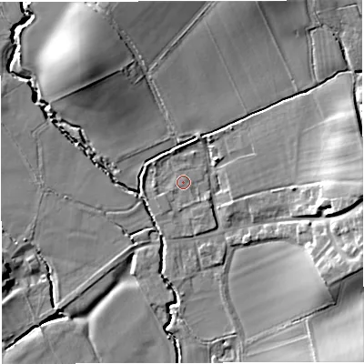 Shaded relief map of the ground around HR81QT, computed from Environment Agency LiDAR. The ground here sits at about 68 m above sea level and falls 15 m across the surrounding 800 m. Surface water reaching this point runs off ground lying to the north-west, 1.4 m higher.