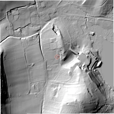 Shaded relief map of the ground around HR81RL, computed from Environment Agency LiDAR. The ground here sits at about 98 m above sea level and falls 56 m across the surrounding 800 m. Surface water reaching this point runs off ground lying to the west-south-west, 49.9 m higher.