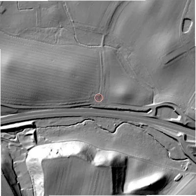 Shaded relief map of the ground around HR81RY, computed from Environment Agency LiDAR. The ground here sits at about 49 m above sea level and falls 36 m across the surrounding 800 m. Surface water reaching this point runs off ground lying to the north-west, 6.4 m higher.