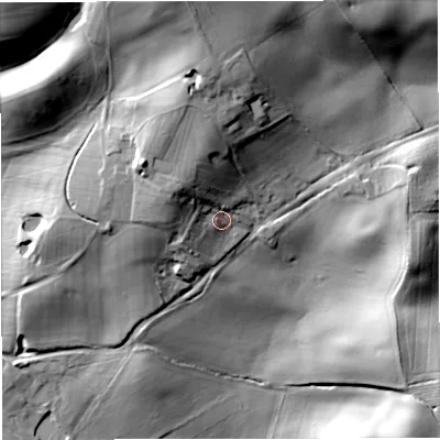 Shaded relief map of the ground around HR81RZ, computed from Environment Agency LiDAR. The ground here sits at about 66 m above sea level and falls 36 m across the surrounding 800 m. Surface water reaching this point runs off ground lying to the north-north-west, 12.1 m higher.