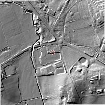 Shaded relief map of the ground around HR82JQ, computed from Environment Agency LiDAR. The ground here sits at about 47 m above sea level and falls 20 m across the surrounding 800 m. Surface water reaching this point runs off ground lying to the east-south-east, 13.8 m higher.