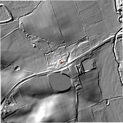 Shaded relief map of the ground around HR82LP, computed from Environment Agency LiDAR. The ground here sits at about 51 m above sea level and falls 29 m across the surrounding 800 m. Surface water reaching this point runs off ground lying to the south, 3.2 m higher.