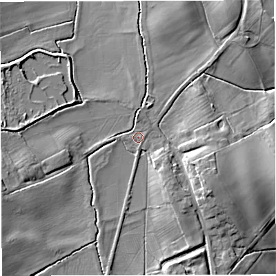 Shaded relief map of the ground around HR82LX, computed from Environment Agency LiDAR. The ground here sits at about 61 m above sea level and falls 13 m across the surrounding 800 m. Surface water reaching this point runs off ground lying to the south-west, 8.5 m higher.