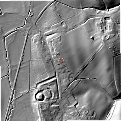 Shaded relief map of the ground around HR82LY, computed from Environment Agency LiDAR. The ground here sits at about 66 m above sea level and falls 18 m across the surrounding 800 m. Surface water reaching this point runs off ground lying to the north, 1.6 m higher.