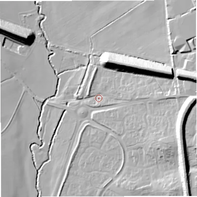 Shaded relief map of the ground around HR82PR, computed from Environment Agency LiDAR. The ground here sits at about 54 m above sea level and falls 32 m across the surrounding 800 m. Surface water reaching this point runs off ground lying to the east, 6.5 m higher.