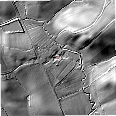 Shaded relief map of the ground around HR82QE, computed from Environment Agency LiDAR. The ground here sits at about 61 m above sea level and falls 21 m across the surrounding 800 m. Surface water reaching this point runs off ground lying to the west, 6.5 m higher.