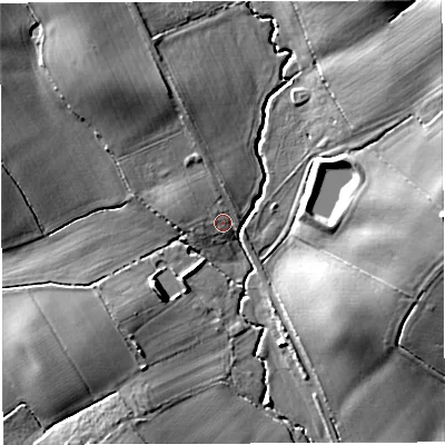 Shaded relief map of the ground around HR82QG, computed from Environment Agency LiDAR. The ground here sits at about 57 m above sea level and falls 20 m across the surrounding 800 m. Surface water reaching this point runs off ground lying to the north-north-west, 2.8 m higher.