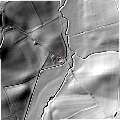 Shaded relief map of the ground around HR82TT, computed from Environment Agency LiDAR. The ground here sits at about 66 m above sea level and falls 24 m across the surrounding 800 m. Surface water reaching this point runs off ground lying to the north-west, 5.6 m higher.