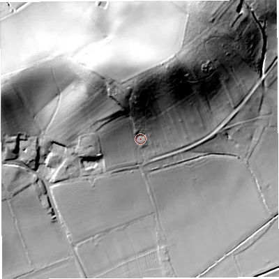 Shaded relief map of the ground around HR82TW, computed from Environment Agency LiDAR. The ground here sits at about 76 m above sea level and falls 50 m across the surrounding 800 m. Surface water reaching this point runs off ground lying to the north-north-west, 31.3 m higher.