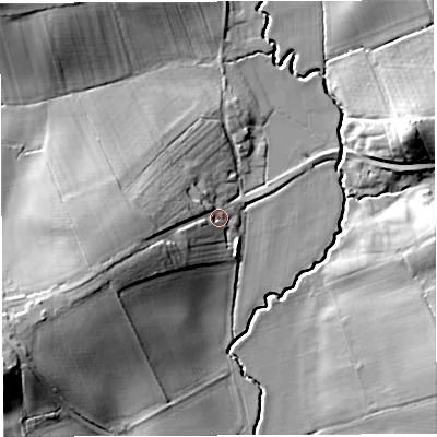 Shaded relief map of the ground around HR82UQ, computed from Environment Agency LiDAR. The ground here sits at about 71 m above sea level and falls 23 m across the surrounding 800 m. Surface water reaching this point runs off ground lying to the west-south-west, 13.6 m higher.