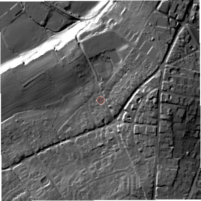 Shaded relief map of the ground around HR95AU, computed from Environment Agency LiDAR. The ground here sits at about 54 m above sea level and falls 41 m across the surrounding 800 m. Surface water reaching this point runs off ground lying to the east-north-east, 12.0 m higher.