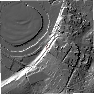 Shaded relief map of the ground around HR95JA, computed from Environment Agency LiDAR. The ground here sits at about 35 m above sea level and falls 41 m across the surrounding 800 m. Surface water reaching this point runs off ground lying to the south-east, 31.2 m higher.