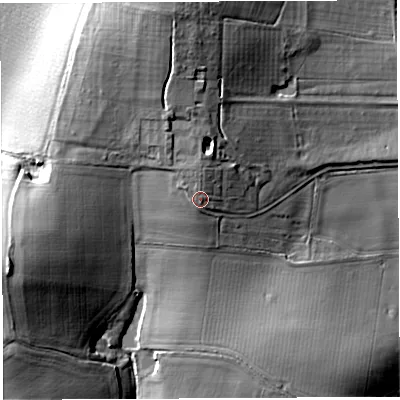Shaded relief map of the ground around HR95QN, computed from Environment Agency LiDAR. The ground here sits at about 47 m above sea level and falls 27 m across the surrounding 800 m. Surface water reaching this point runs off ground lying to the north-north-west, 2.0 m higher.