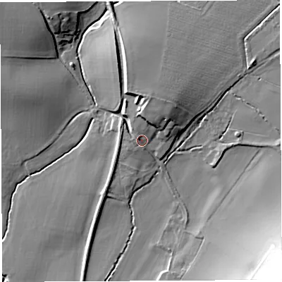 Shaded relief map of the ground around HR95QP, computed from Environment Agency LiDAR. The ground here sits at about 34 m above sea level and falls 36 m across the surrounding 800 m. Surface water reaching this point runs off ground lying to the north-north-west, 2.9 m higher.