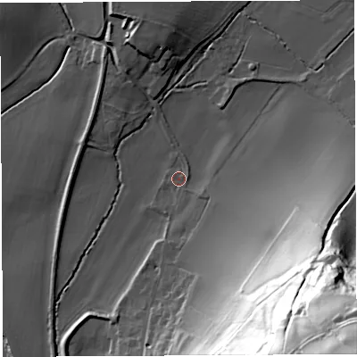 Shaded relief map of the ground around HR95QR, computed from Environment Agency LiDAR. The ground here sits at about 30 m above sea level and falls 103 m across the surrounding 800 m. Surface water reaching this point runs off ground lying to the east-north-east, 1.2 m higher.