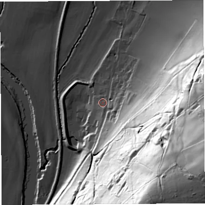Shaded relief map of the ground around HR95QS, computed from Environment Agency LiDAR. The ground here sits at about 34 m above sea level and falls 131 m across the surrounding 800 m. Surface water reaching this point runs off ground lying to the south-east, 122.5 m higher.