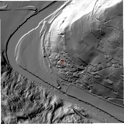 Shaded relief map of the ground around HR95QT, computed from Environment Agency LiDAR. The ground here sits at about 46 m above sea level and falls 129 m across the surrounding 800 m. Surface water reaching this point runs off ground lying to the north-east, 60.2 m higher.