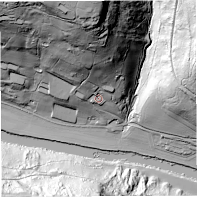 Shaded relief map of the ground around HR95QX, computed from Environment Agency LiDAR. The ground here sits at about 46 m above sea level and falls 106 m across the surrounding 800 m. Surface water reaching this point runs off ground lying to the north, 75.6 m higher.