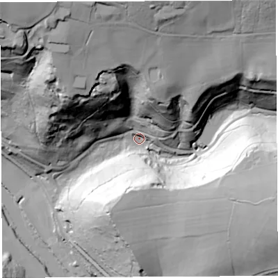 Shaded relief map of the ground around HR95QY, computed from Environment Agency LiDAR. The ground here sits at about 44 m above sea level and falls 96 m across the surrounding 800 m. Surface water reaching this point runs off ground lying to the north-north-east, 71.2 m higher.