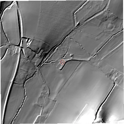 Shaded relief map of the ground around HR95SB, computed from Environment Agency LiDAR. The ground here sits at about 31 m above sea level and falls 47 m across the surrounding 800 m. Surface water reaching this point runs off ground lying to the south-south-east, 44.1 m higher.