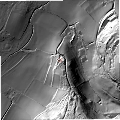 Shaded relief map of the ground around HR95SD, computed from Environment Agency LiDAR. The ground here sits at about 63 m above sea level and falls 94 m across the surrounding 800 m. Surface water reaching this point runs off ground lying to the south-east, 14.6 m higher.