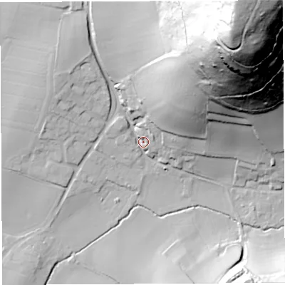 Shaded relief map of the ground around HR95SE, computed from Environment Agency LiDAR. The ground here sits at about 41 m above sea level and falls 134 m across the surrounding 800 m. Surface water reaching this point runs off ground lying to the north-east, 105.7 m higher.