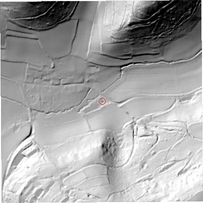 Shaded relief map of the ground around HR95SF, computed from Environment Agency LiDAR. The ground here sits at about 41 m above sea level and falls 137 m across the surrounding 800 m. Surface water reaching this point runs off ground lying to the south-east, 131.7 m higher.