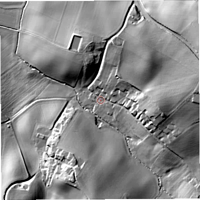 Shaded relief map of the ground around HR95SZ, computed from Environment Agency LiDAR. The ground here sits at about 70 m above sea level and falls 34 m across the surrounding 800 m. Surface water reaching this point runs off ground lying to the east-north-east, 27.2 m higher.