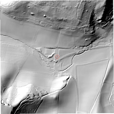 Shaded relief map of the ground around HR95TH, computed from Environment Agency LiDAR. The ground here sits at about 58 m above sea level and falls 105 m across the surrounding 800 m. Surface water reaching this point runs off ground lying to the north-north-east, 78.5 m higher.