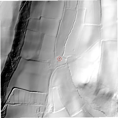 Shaded relief map of the ground around HR95TJ, computed from Environment Agency LiDAR. The ground here sits at about 77 m above sea level and falls 104 m across the surrounding 800 m. Surface water reaching this point runs off ground lying to the west-north-west, 98.0 m higher.