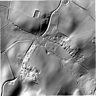 Shaded relief map of the ground around HR95WF, computed from Environment Agency LiDAR. The ground here sits at about 70 m above sea level and falls 34 m across the surrounding 800 m. Surface water reaching this point runs off ground lying to the south, 28.9 m higher.