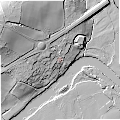 Shaded relief map of the ground around HR96AA, computed from Environment Agency LiDAR. The ground here sits at about 36 m above sea level and falls 30 m across the surrounding 800 m. Surface water reaching this point runs off ground lying to the west-north-west, 22.6 m higher.