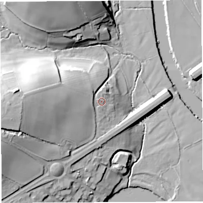 Shaded relief map of the ground around HR96AG, computed from Environment Agency LiDAR. The ground here sits at about 41 m above sea level and falls 29 m across the surrounding 800 m. Surface water reaching this point runs off ground lying to the west, 12.4 m higher.