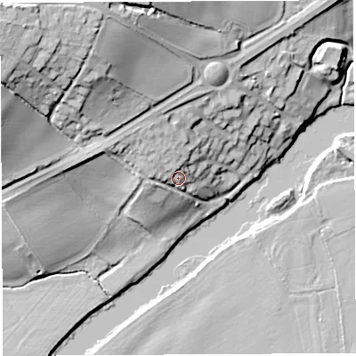 Shaded relief map of the ground around HR96AH, computed from Environment Agency LiDAR. The ground here sits at about 38 m above sea level and falls 33 m across the surrounding 800 m. Surface water reaching this point runs off ground lying to the north-west, 6.9 m higher.