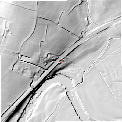 Shaded relief map of the ground around HR96AL, computed from Environment Agency LiDAR. The ground here sits at about 36 m above sea level and falls 37 m across the surrounding 800 m. Surface water reaching this point runs off ground lying to the north-west, 17.4 m higher.