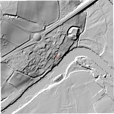 Shaded relief map of the ground around HR96AQ, computed from Environment Agency LiDAR. The ground here sits at about 33 m above sea level and falls 30 m across the surrounding 800 m. Surface water reaching this point runs off ground lying to the north-west, 25.9 m higher.