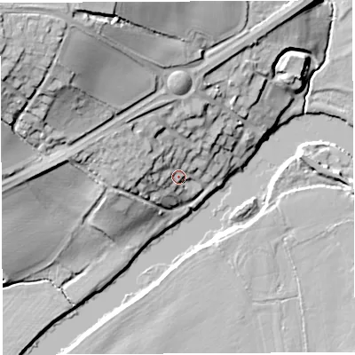 Shaded relief map of the ground around HR96BE, computed from Environment Agency LiDAR. The ground here sits at about 35 m above sea level and falls 31 m across the surrounding 800 m. Surface water reaching this point runs off ground lying to the west-north-west, 9.8 m higher.