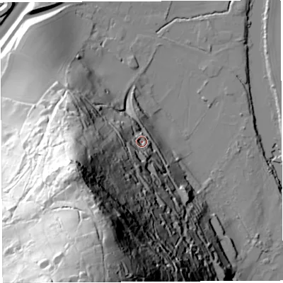 Shaded relief map of the ground around HR96BJ, computed from Environment Agency LiDAR. The ground here sits at about 40 m above sea level and falls 153 m across the surrounding 800 m. Surface water reaching this point runs off ground lying to the south-south-west, 110.7 m higher.