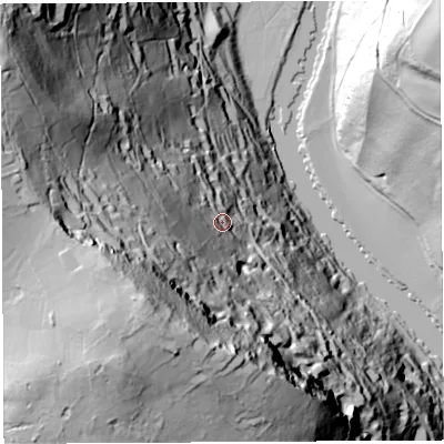 Shaded relief map of the ground around HR96BN, computed from Environment Agency LiDAR. The ground here sits at about 78 m above sea level and falls 164 m across the surrounding 800 m. Surface water reaching this point runs off ground lying to the south-west, 111.7 m higher.