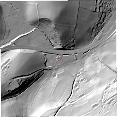 Shaded relief map of the ground around HR96BX, computed from Environment Agency LiDAR. The ground here sits at about 37 m above sea level and falls 109 m across the surrounding 800 m. Surface water reaching this point runs off ground lying to the west-south-west, 31.4 m higher.