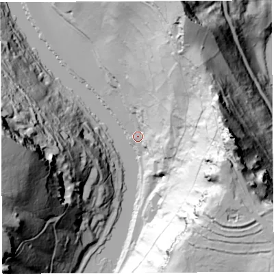 Shaded relief map of the ground around HR96BY, computed from Environment Agency LiDAR. The ground here sits at about 22 m above sea level and falls 142 m across the surrounding 800 m. Surface water reaching this point runs off ground lying to the east, 129.4 m higher.