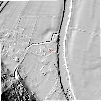 Shaded relief map of the ground around HR96BZ, computed from Environment Agency LiDAR. The ground here sits at about 22 m above sea level and falls 108 m across the surrounding 800 m. Surface water reaching this point runs off ground lying to the south-west, 1.2 m higher.